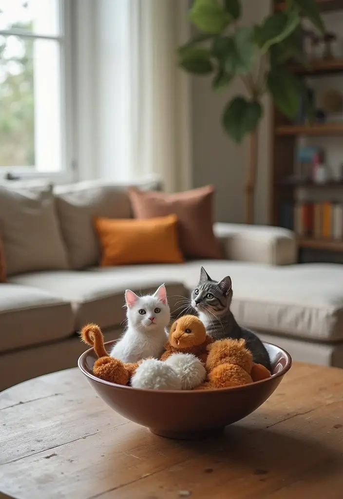 28 Cat Living Room Ideas That Are Pet Friendly and Stylish - 18. Fun Cat Toys as Decor
