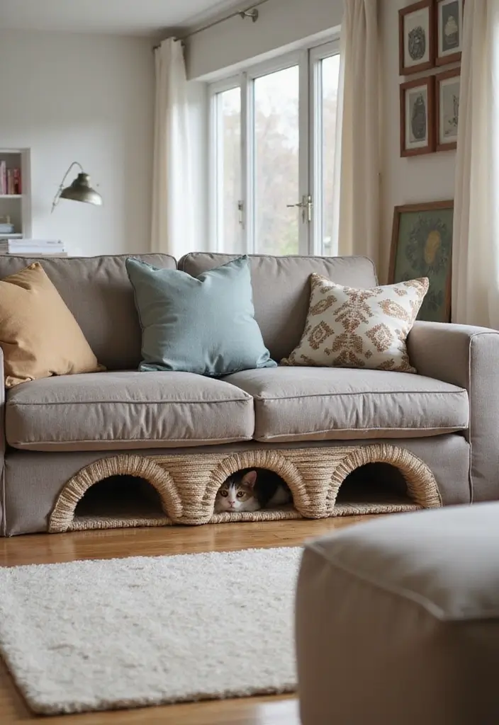 28 Cat Living Room Ideas That Are Pet Friendly and Stylish - 21. Under-Furniture Cat Spaces