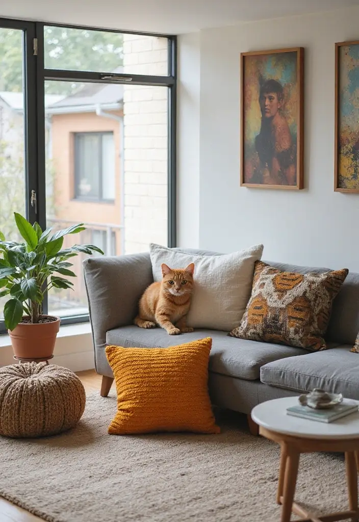 28 Cat Living Room Ideas That Are Pet Friendly and Stylish - 23. Cat-Friendly Throw Pillows