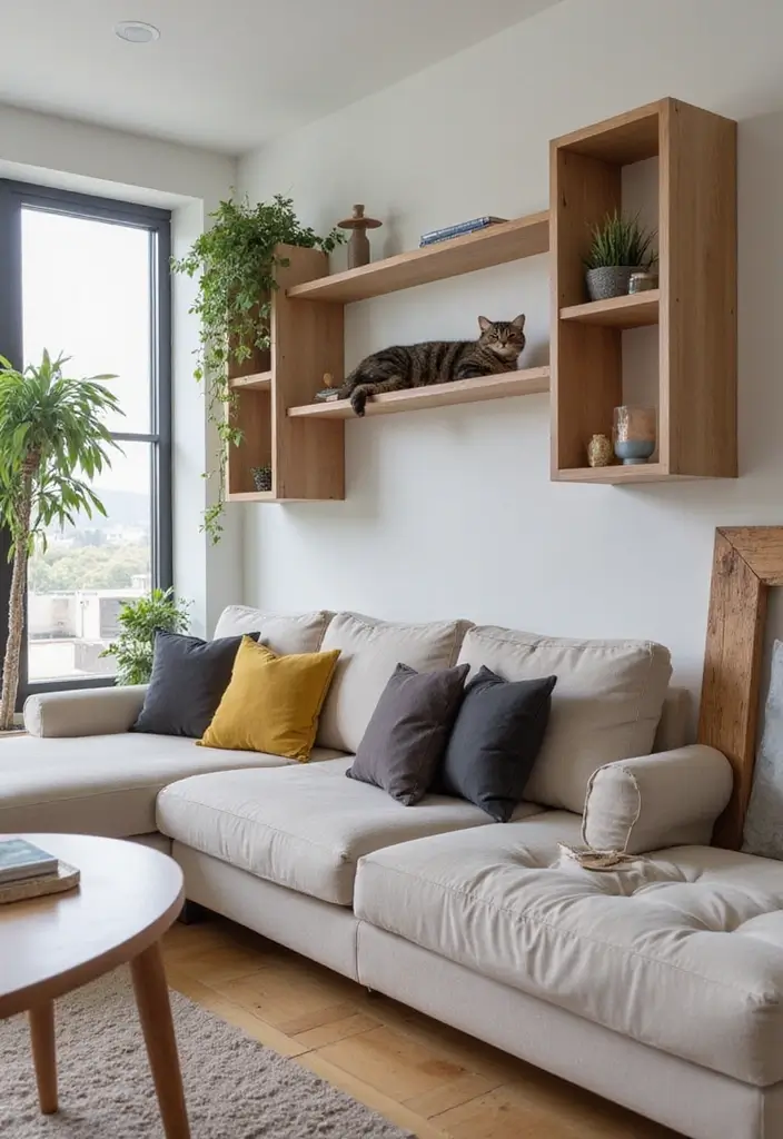 28 Cat Living Room Ideas That Are Pet Friendly and Stylish - 5. Open Shelving for Cats