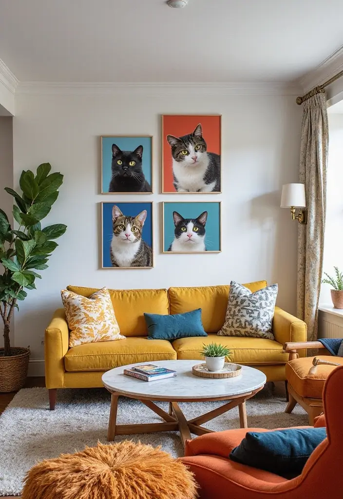 28 Cat Living Room Ideas That Are Pet Friendly and Stylish - 8. Personalized Cat Art