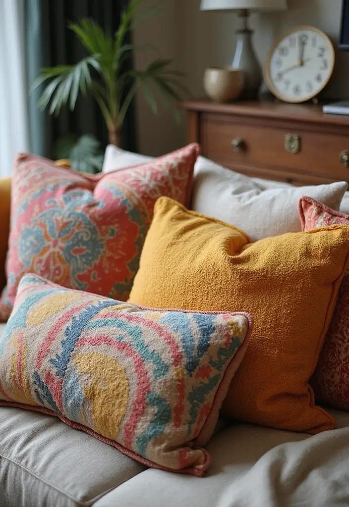 28 Chic and Cozy Bohemian Living Room Ideas for Apartment Girls - 11. Artistic Throw Pillows