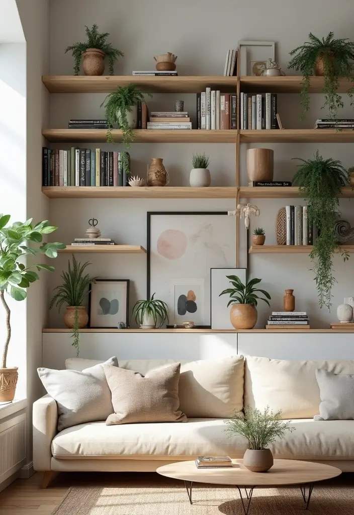 28 Chic and Cozy Bohemian Living Room Ideas for Apartment Girls - 13. Stylish Shelving Solutions