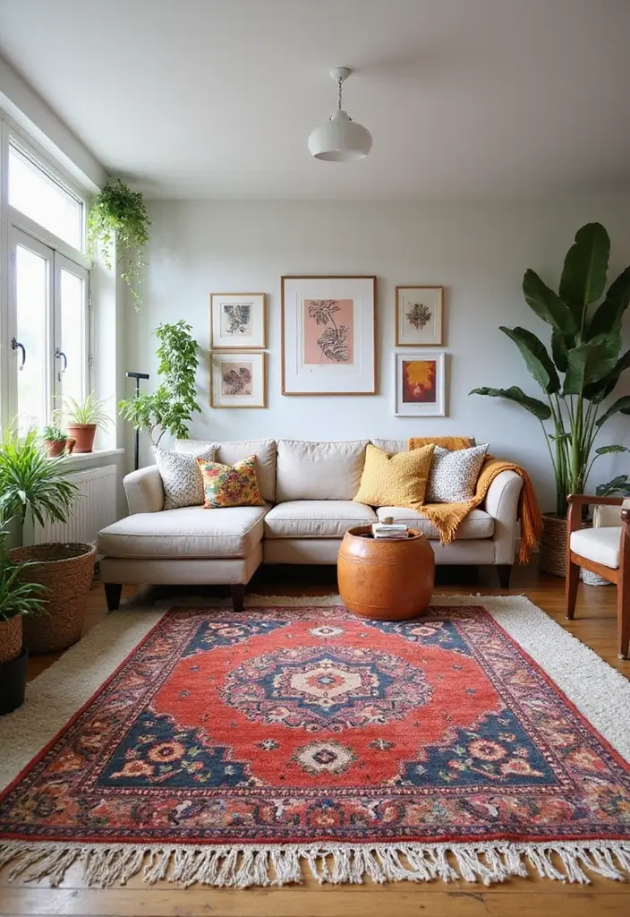 28 Chic and Cozy Bohemian Living Room Ideas for Apartment Girls - 5. Bohemian Rugs That Pop