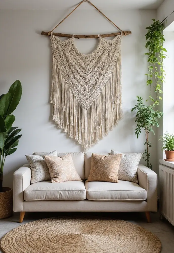 28 Chic and Cozy Bohemian Living Room Ideas for Apartment Girls - 6. Macrame and Textured Wall Hangings