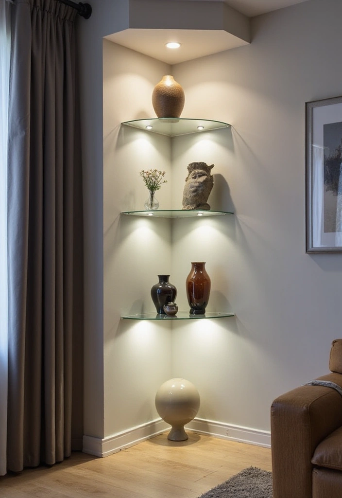 28 Corner Shelf Ideas Living Room That Add Storage and Style - 10. Glass Corner Shelves