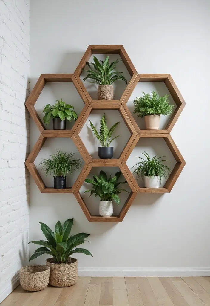 28 Corner Shelf Ideas Living Room That Add Storage and Style - 13. Hexagonal Shelves