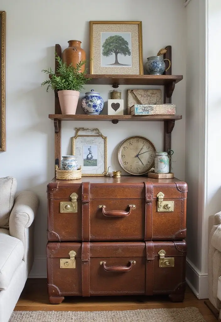 28 Corner Shelf Ideas Living Room That Add Storage and Style - 15. Vintage Suitcase Shelf