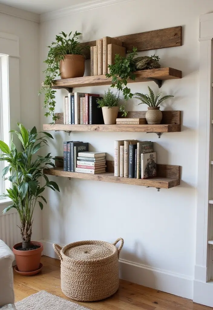 28 Corner Shelf Ideas Living Room That Add Storage and Style - 16. Rustic Wall-mounted Shelves