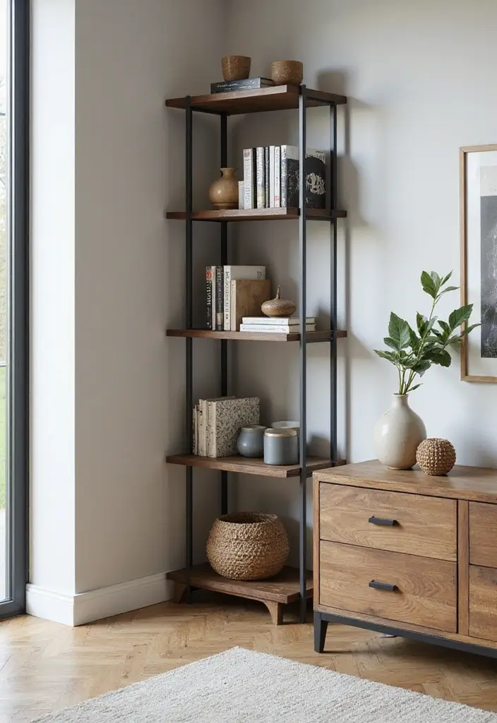 28 Corner Shelf Ideas Living Room That Add Storage and Style - 18. Two-Tiered Corner Shelf