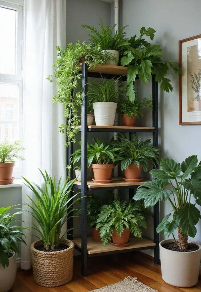 28 Corner Shelf Ideas Living Room That Add Storage and Style - 19. Plant Corner Shelf