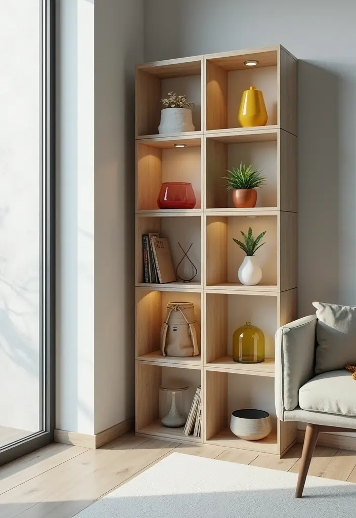 28 Corner Shelf Ideas Living Room That Add Storage and Style - 22. Modern Cube Shelves