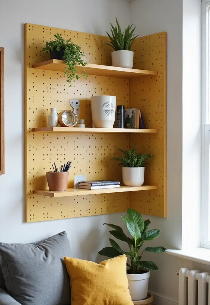 28 Corner Shelf Ideas Living Room That Add Storage and Style - 24. Pegboard Corner Shelf