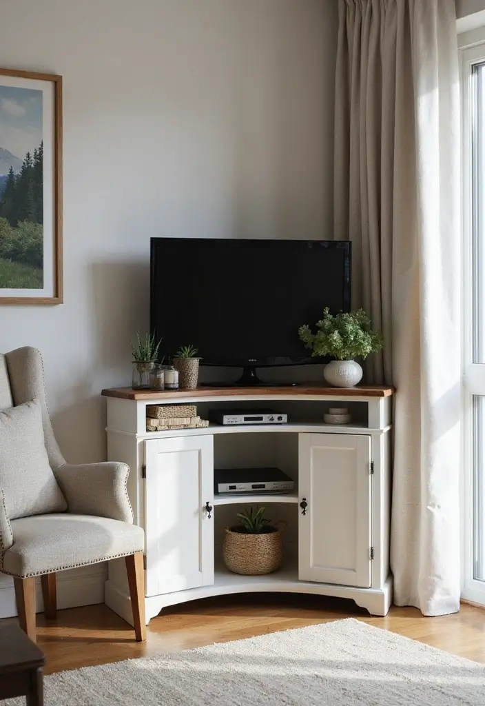 28 Corner Shelf Ideas Living Room That Add Storage and Style - 26. Corner TV Stand