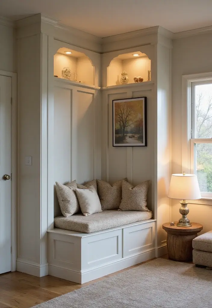 28 Corner Shelf Ideas Living Room That Add Storage and Style - 28. Comfy Corner Seating with Storage
