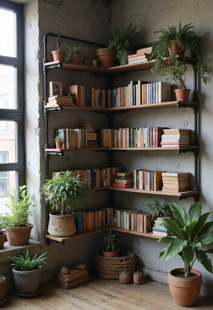 28 Corner Shelf Ideas Living Room That Add Storage and Style - 4. Industrial Pipe Shelves