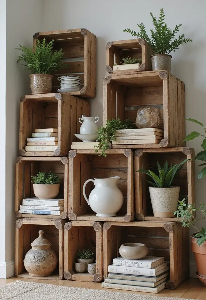 28 Corner Shelf Ideas Living Room That Add Storage and Style - 7. Rustic Crate Shelves