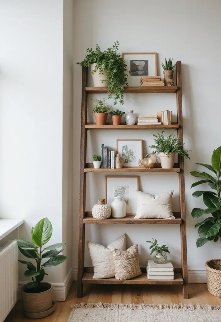 28 Corner Shelf Ideas Living Room That Add Storage and Style - 8. Vintage Ladder Shelf