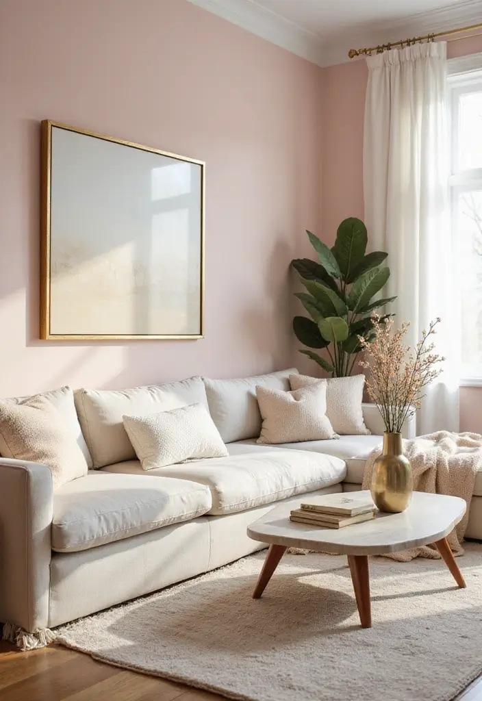 28 Dark Paint Living Room Ideas That Add Depth and Elegance - 25. Soft Blush