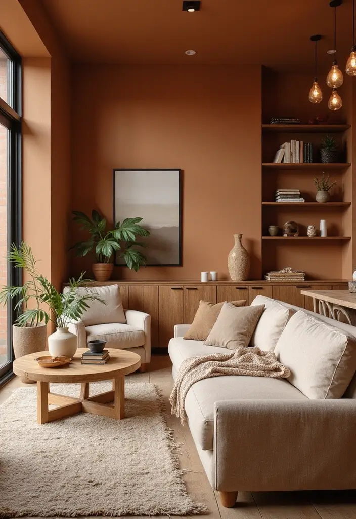 28 Dark Paint Living Room Ideas That Add Depth and Elegance - 28. Earthy Umber