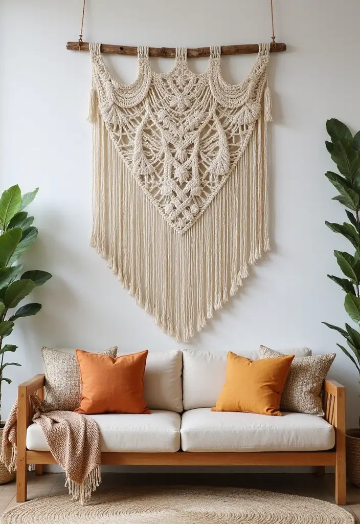 28 Large Living Room Wall Decor Ideas That Fill Blank Spaces Beautifully - 1. Oversized Macramé Wall Hangings