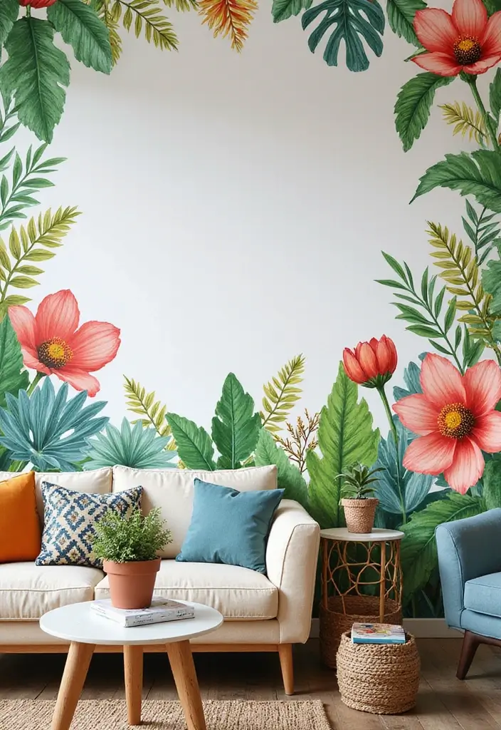 28 Large Living Room Wall Decor Ideas That Fill Blank Spaces Beautifully - 12. Botanical Wall Decals