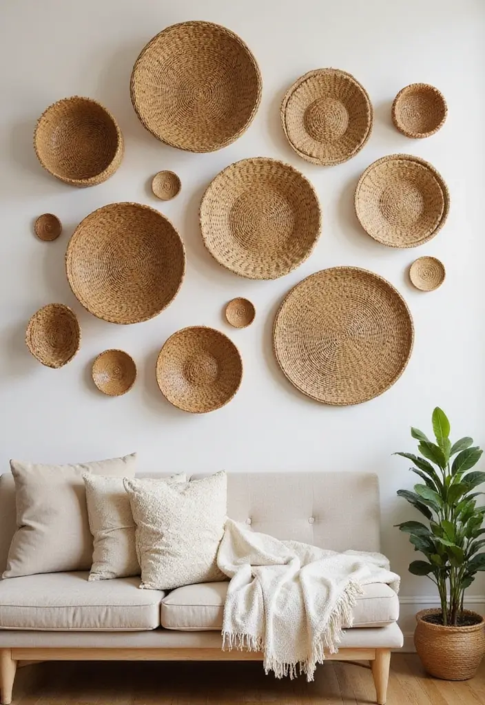 28 Large Living Room Wall Decor Ideas That Fill Blank Spaces Beautifully - 13. Woven Wall Baskets