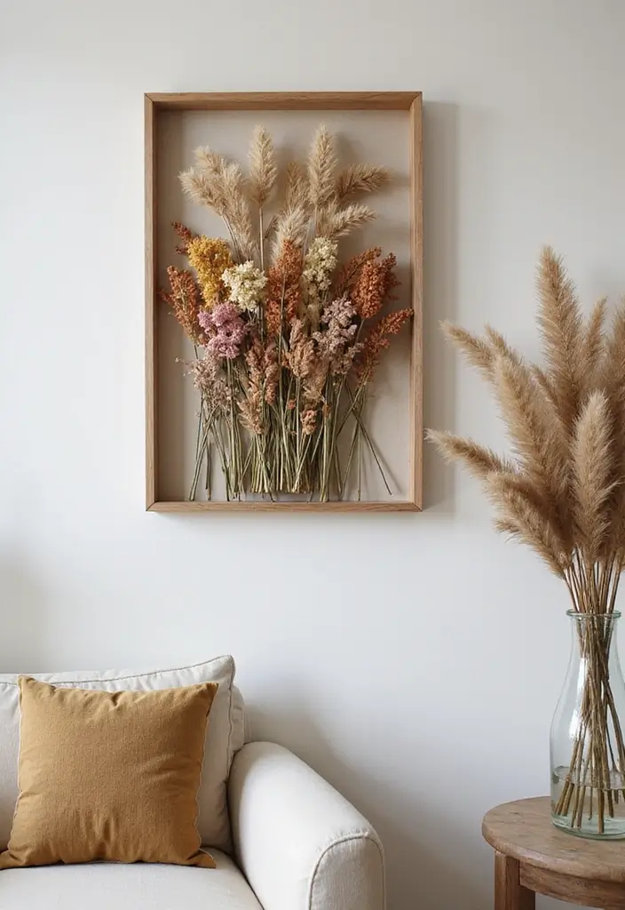 28 Large Living Room Wall Decor Ideas That Fill Blank Spaces Beautifully - 19. Dried Flower Installations