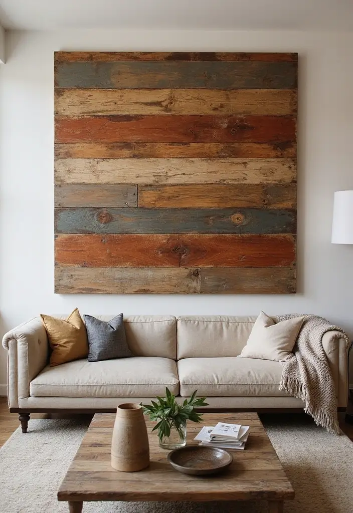 28 Large Living Room Wall Decor Ideas That Fill Blank Spaces Beautifully - 20. Reclaimed Wood Art