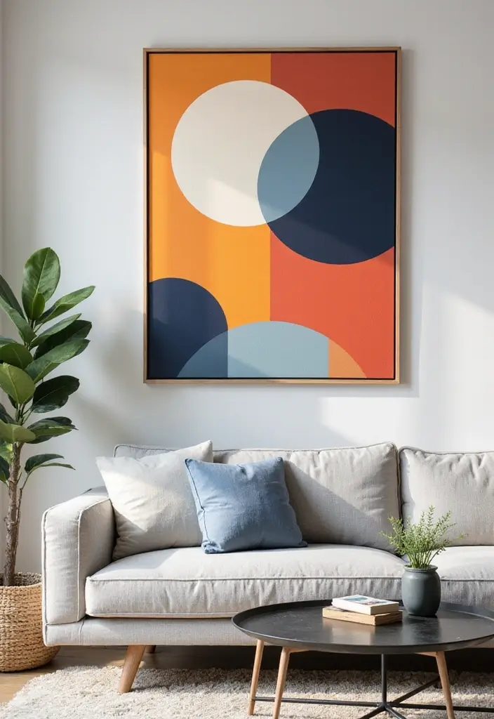 28 Large Living Room Wall Decor Ideas That Fill Blank Spaces Beautifully - 3. Bold Geometric Prints