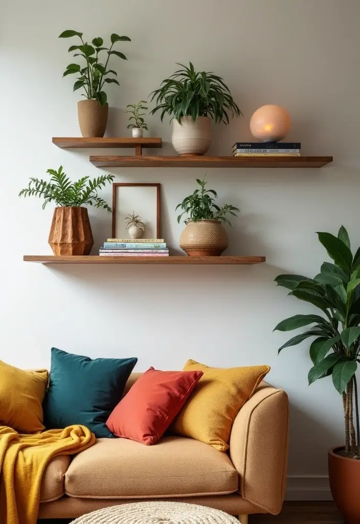 28 Large Living Room Wall Decor Ideas That Fill Blank Spaces Beautifully - 7. Statement Wall Shelves