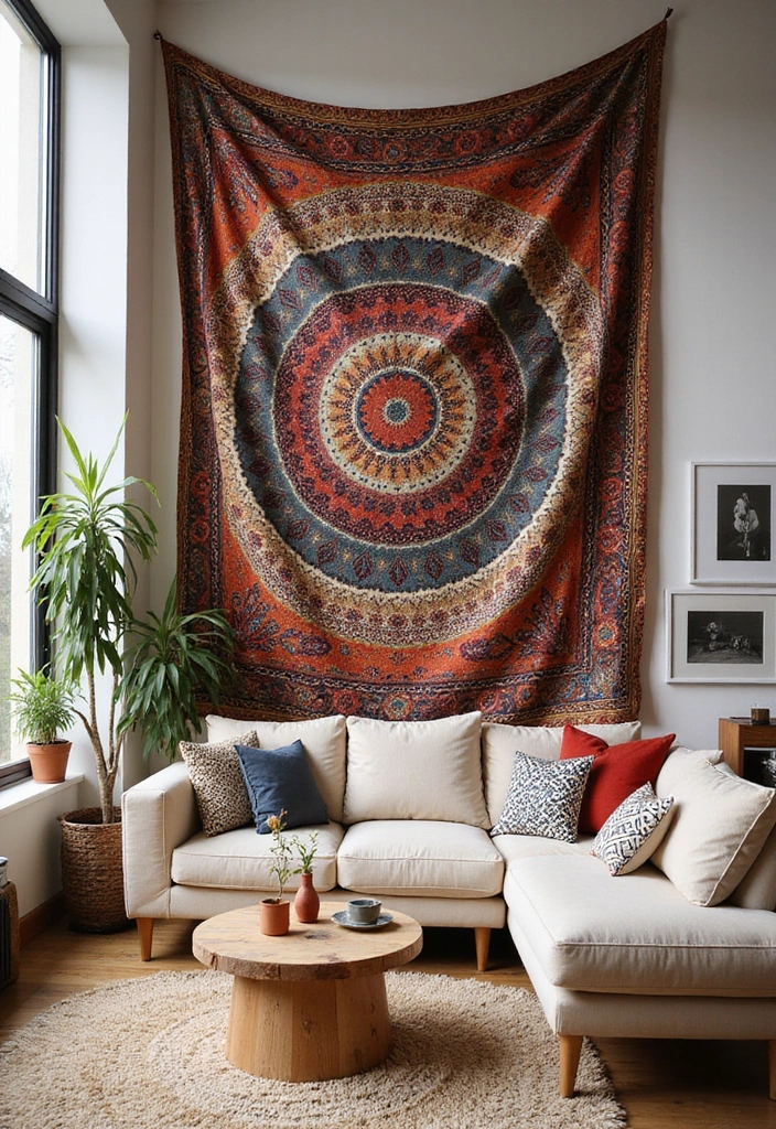 28 Large Living Room Wall Decor Ideas That Fill Blank Spaces Beautifully - 8. Bold Tapestries