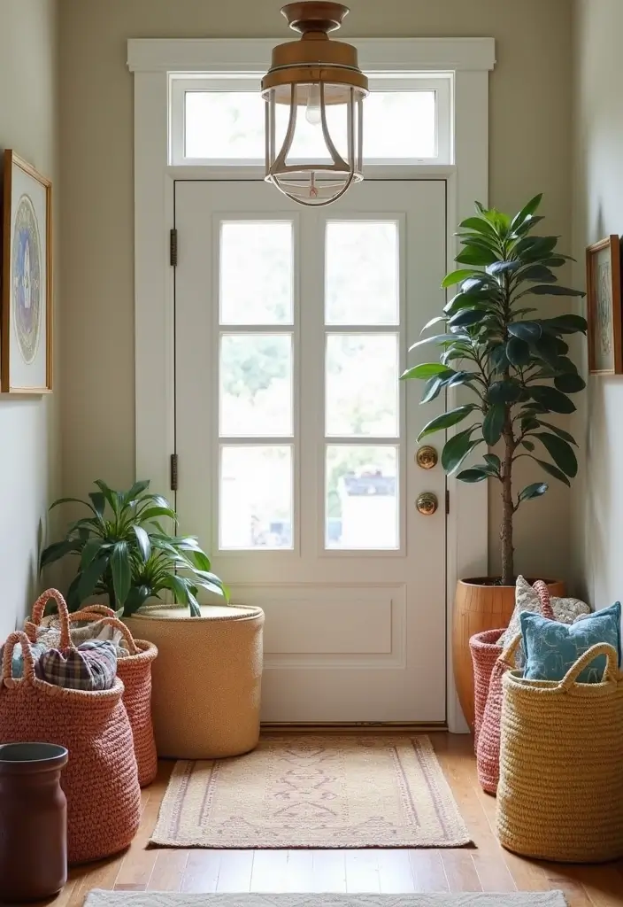 28 Living Room Entryway Ideas That Make a Great First Impression - 27. Colorful Baskets
