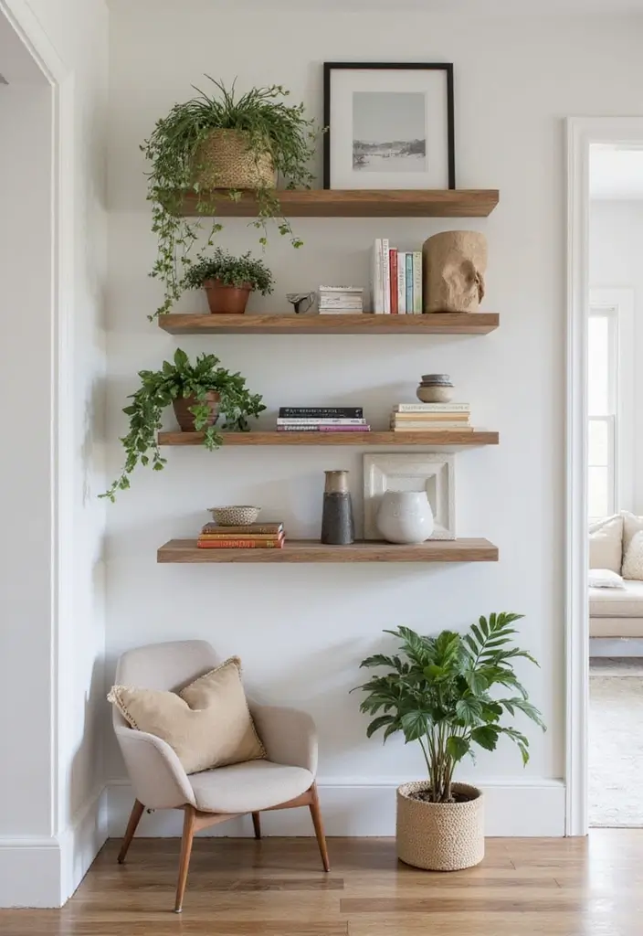 28 Living Room Entryway Ideas That Make a Great First Impression - 4. Floating Shelves