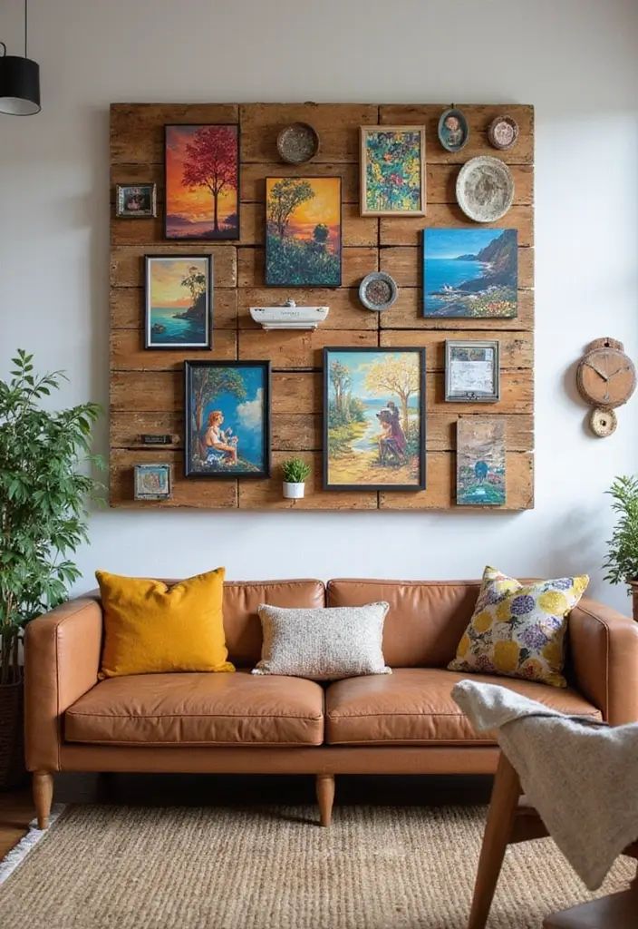 28 Living Room Pallet Ideas That Feel Rustic and Creative - 14. Pallet Art Display