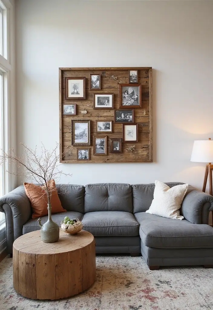 28 Living Room Pallet Ideas That Feel Rustic and Creative - 17. Pallet Frame Collage