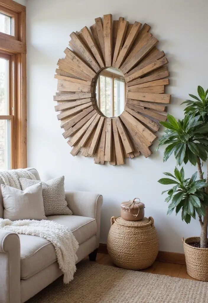28 Living Room Pallet Ideas That Feel Rustic and Creative - 22. Pallet Starburst Mirror