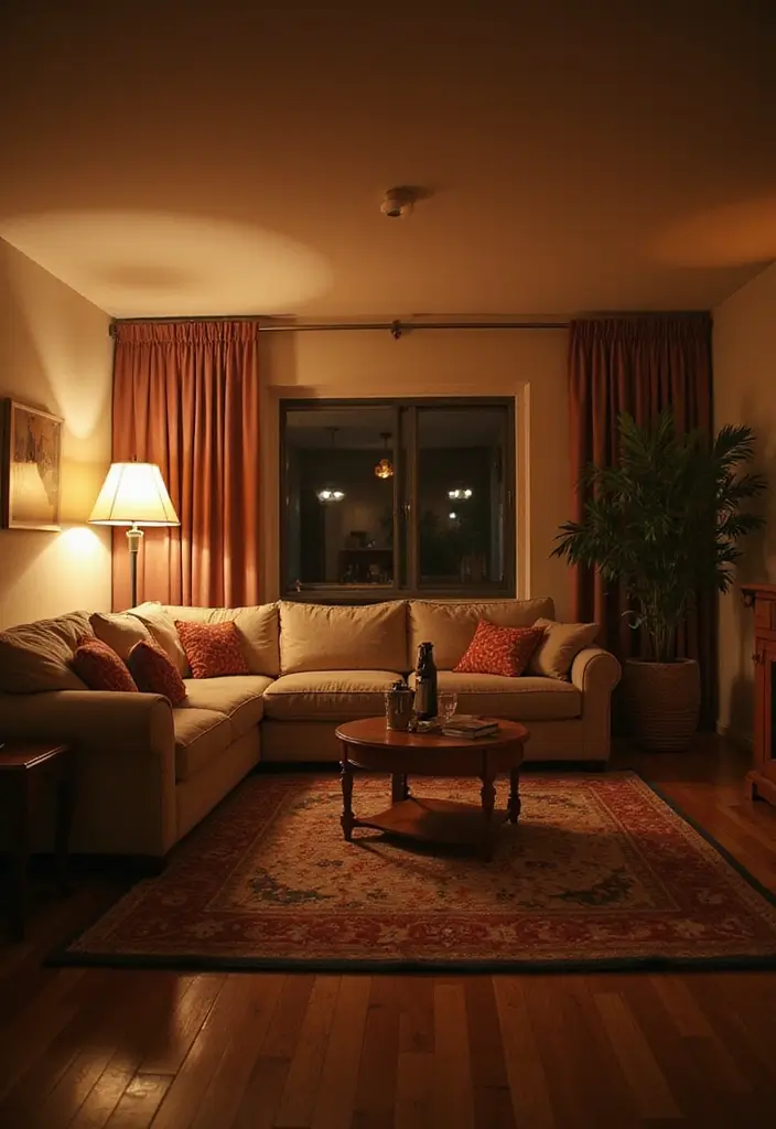 28 Living Room Setting Ideas That Feel Balanced and Inviting - 12. Layering Lighting for Warmth