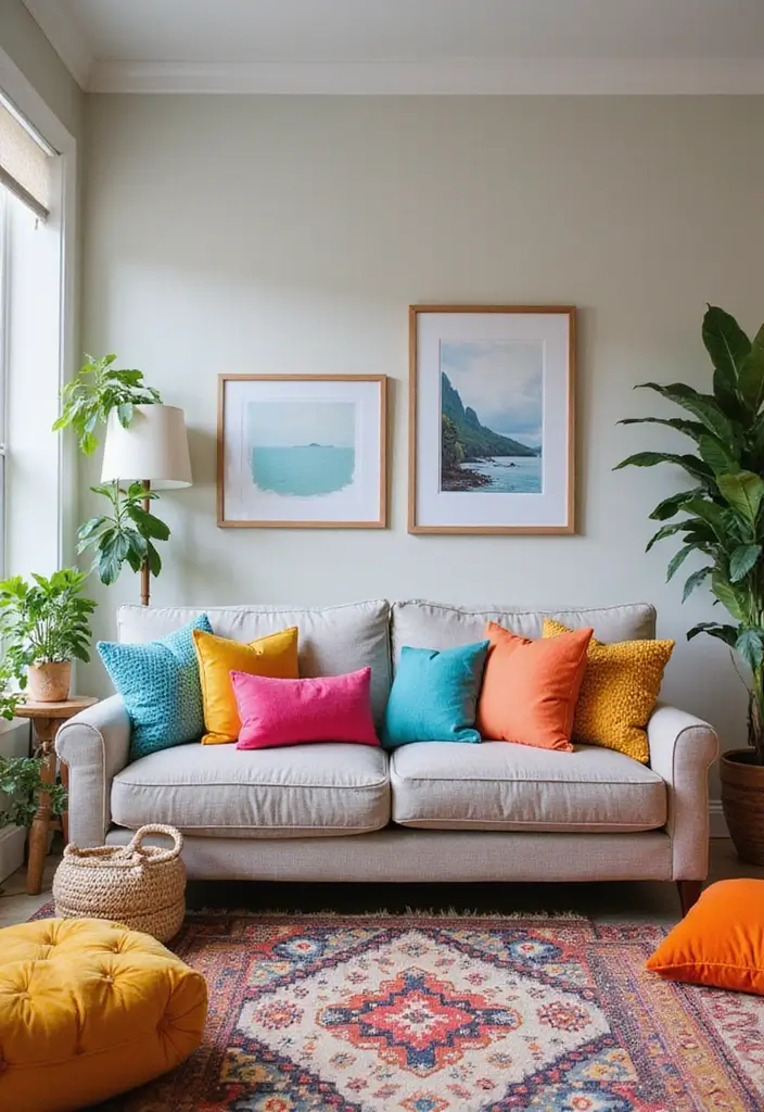 28 Living Room Setting Ideas That Feel Balanced and Inviting - 21. Color Pop Accessories