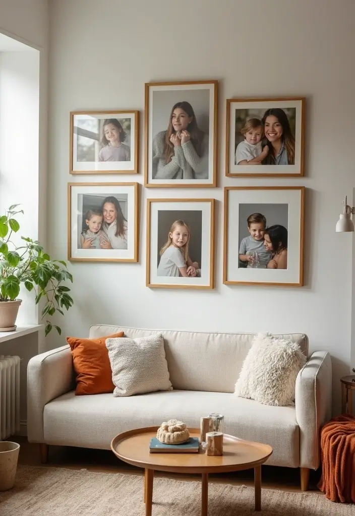 28 Living Room Setting Ideas That Feel Balanced and Inviting - 22. Personal Touches with Family Photos