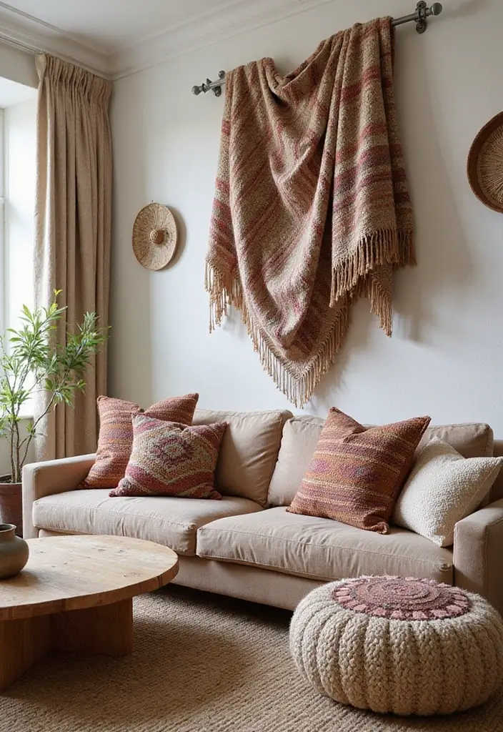 28 Living Room Setting Ideas That Feel Balanced and Inviting - 26. Incorporating Textiles from Around the World