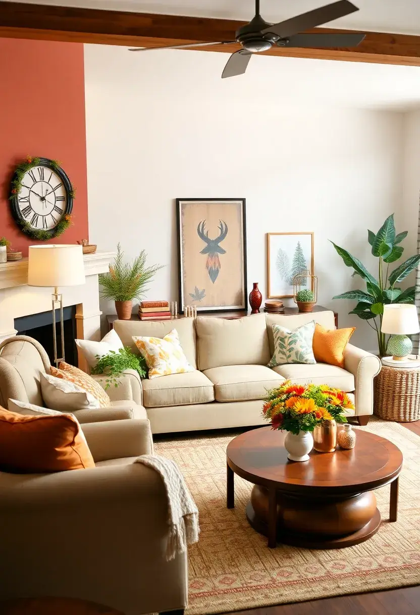 28 Living Room Setting Ideas That Feel Balanced and Inviting - 28. Seasonal Decor for a Fresh Look