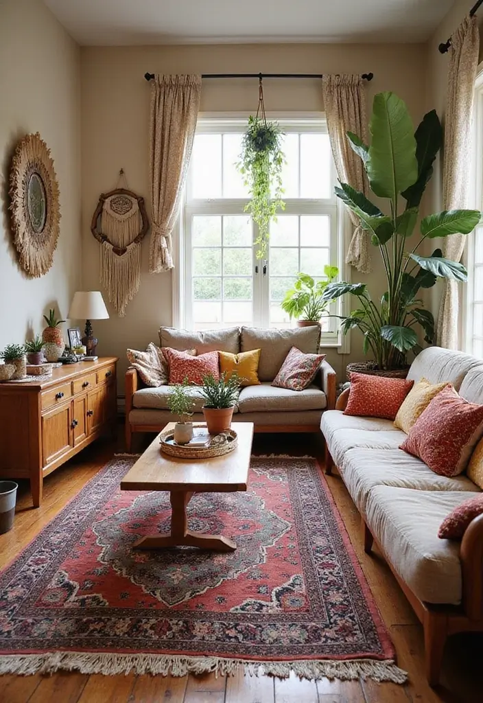 28 Living Room Setting Ideas That Feel Balanced and Inviting - 3. Bohemian Charm with Eco-Friendly Flair