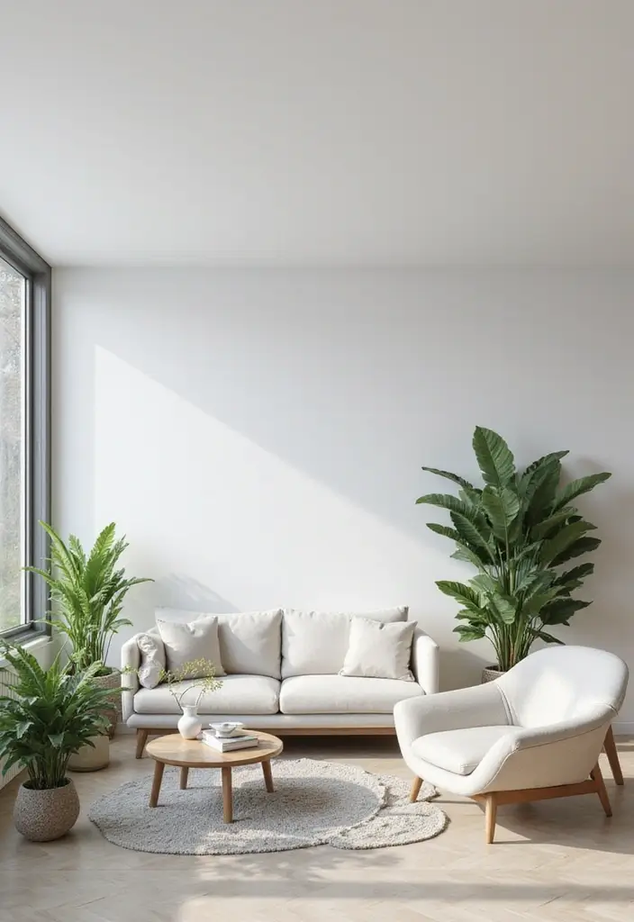 28 Living Room Setting Ideas That Feel Balanced and Inviting - 4. Modern Minimalism with a Touch of Green