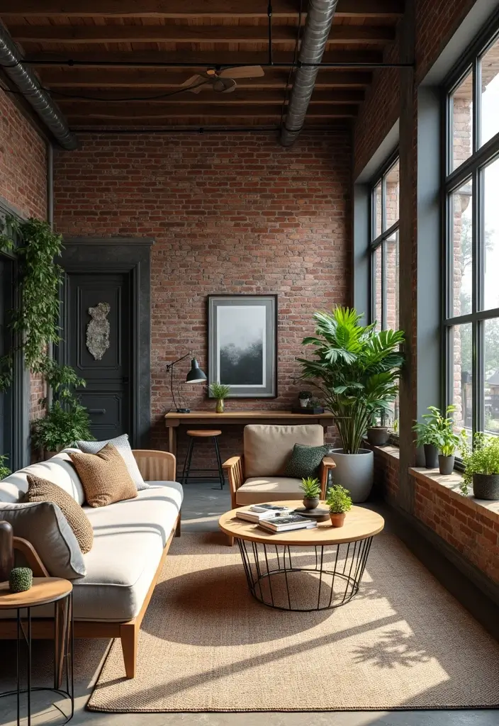 28 Living Room Setting Ideas That Feel Balanced and Inviting - 7. Industrial Chic with Nature's Touch