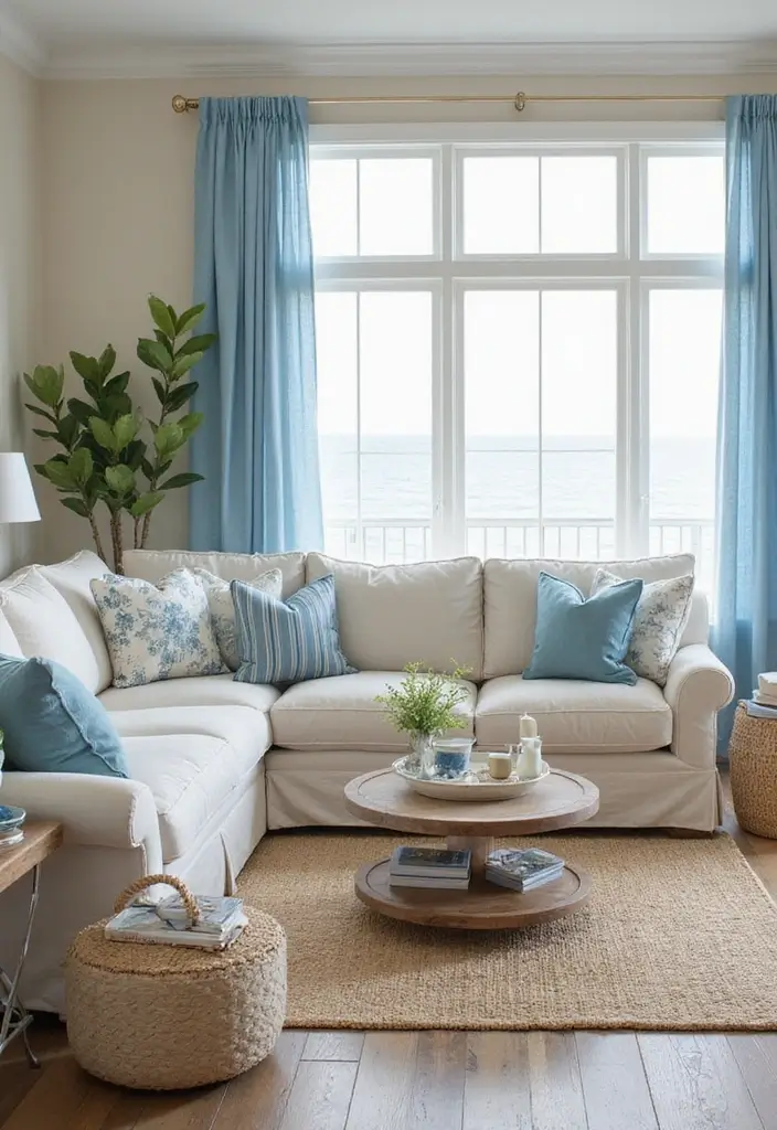 28 Living Room Setting Ideas That Feel Balanced and Inviting - 8. Coastal Calm with a Touch of Nature