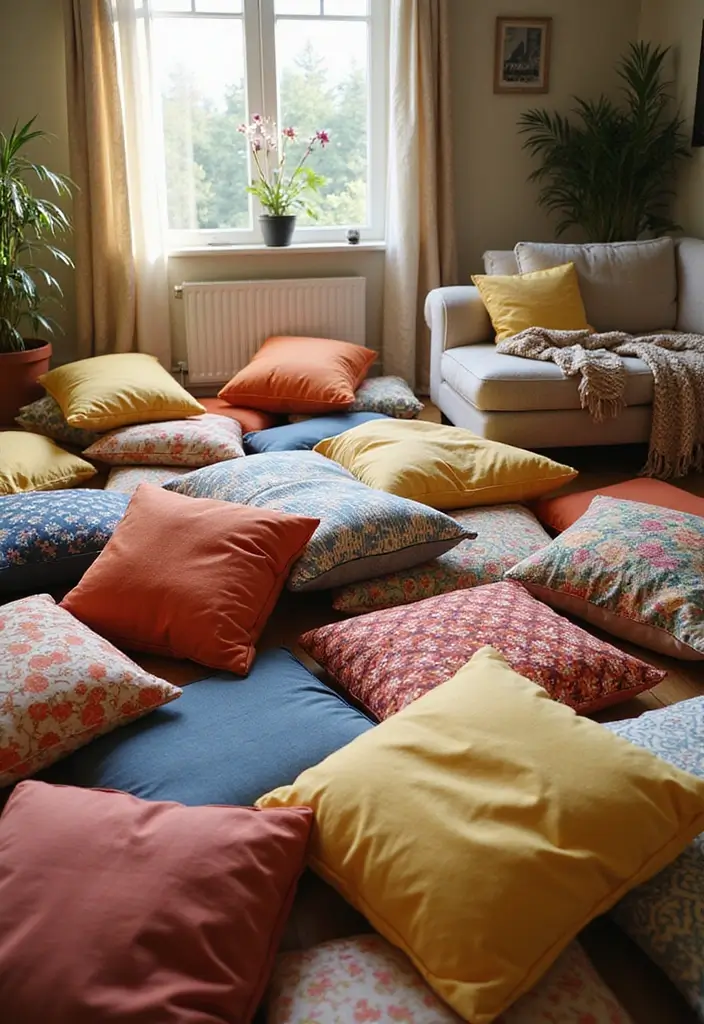 28 Low Seating Living Room Ideas That Feel Relaxed and Inviting - 1. Floor Cushions Galore