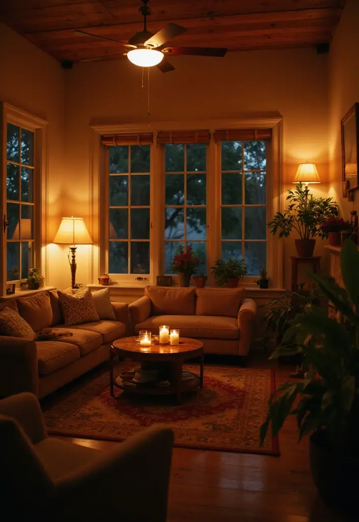 28 Low Seating Living Room Ideas That Feel Relaxed and Inviting - 11. Soft Lighting for Ambiance