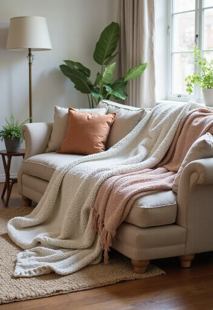 28 Low Seating Living Room Ideas That Feel Relaxed and Inviting - 12. Relaxed Throw Blankets