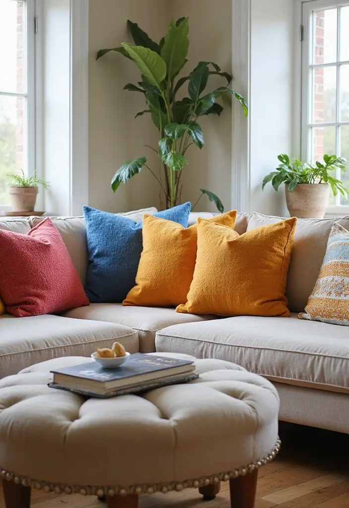 28 Low Seating Living Room Ideas That Feel Relaxed and Inviting - 14. Throw Pillows for Extra Comfort